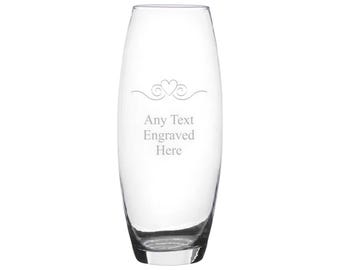 Personalised Engraved Heart Scroll Bullet Glass Vase Various Designs and Sizes Available Perfect Gift For Mothers Day Birthdays Wedding
