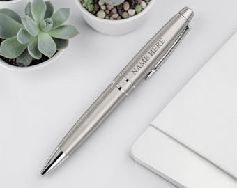 Personalised Engraved Brushed Silver Stainless Steel Pen In Silk Lined Gift Box