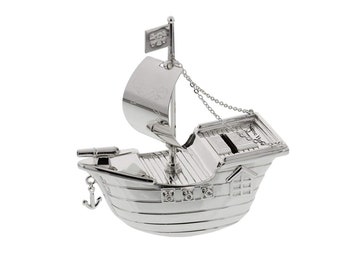 Personalised Engraved Silver-plated Pirate Ship Bank Money Box Christening / Birthday Gift