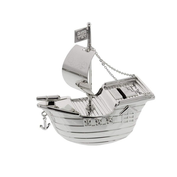 Personalised Engraved Silver-plated Pirate Ship Bank Money Box Christening / Birthday Gift