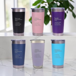 May include: Six stainless steel insulated tumblers in various colours, each with a silver rim and lid. The tumblers are black, pink, purple, navy blue, lavender, and turquoise. Each tumbler has a name and a list of characteristics printed on it.