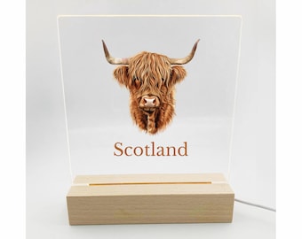 Highland Cow & Scotland Text LED Night Light Desk Light Up Sign Bedroom Office Décor (UV Printed)