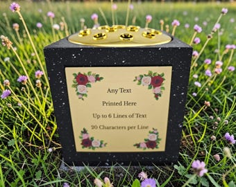 Personalised Printed Black Stone Effect Memorial Rose Bowl Grave Marker Flower Pot Vase With Flower Design (UV PRINTED)