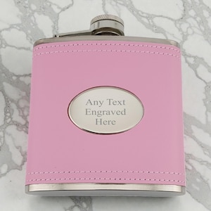 Personalised Engraved 6oz Pink With Oval Hip Flask Various Boxes & Colours Available