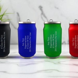 Personalised Engraved Any Message Double Wall Can Style Bottle 330ml 11.5oz Hot Cold 4 Colours Available