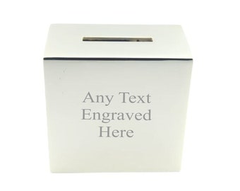 Personalised Engraved Silver-plated Square Bank Money Box Christening / Birthday Gift