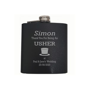 Personalised Wedding Usher Top Hat Design 6oz Black Shiny Hip Flask In A Paper Box HF600