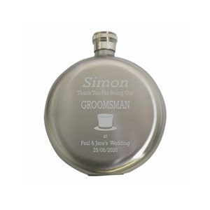 Personalised Wedding Groomsman Top Hat Design 5oz Round Brushed Silver Hip Flask In A Paper Box HF602