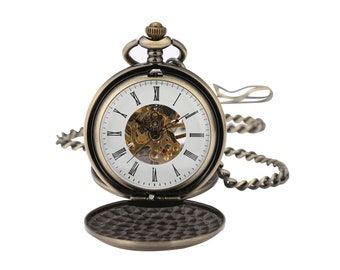 Personalised Antique Gold Full Hunter Pocket Watch With Roman Numeral Dial & Chain any text engraved on front of watch