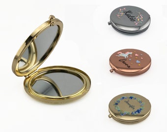 Miroir compact personnalisé, différents modèles/couleurs disponibles, fleurs, coeur, cadeau de mariage, fille d'honneur, demoiselle d'honneur, cadeau de Noël (imprimé UV)