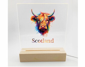 Colourful Highland Cow & Scotland Text LED Night Light Desk Light Up Sign Bedroom Office Décor (UV Printed)