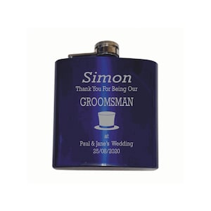 Personalised Wedding Groomsman Top Hat Design 6oz Blue Hip Flask In A Paper Box HF602