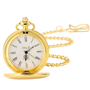 Personalised Gold Pocket Watch With Roman Numeral Dial & Chain any text engraved on front of watch