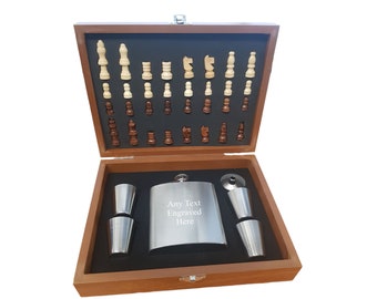 Personalised Engraved 6oz Silver Hip Flask In Wooden Chess Set Box With 4 Cups & Funnel