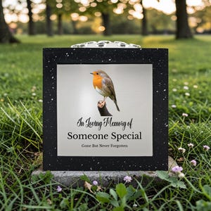 May include: A memorial plaque with a black speckled frame and a silver center. The center features a detailed image of a robin perched on a branch, with the text "In Loving Memory of Someone Special" and "Gone But Never Forgotten".