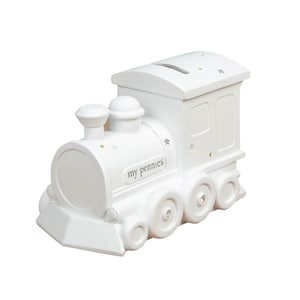 Personalised Engraved White Resin Train Bank Money Box Christening / Birthday Gift