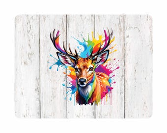 Colourful Stag / Deer Wood Effect MDF Rectangle Wall Art Various Sizes Available Scotland (UV PRINTED)
