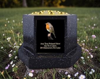 Personalised Printed Robin Design Black or White Stone Effect Octagon Memorial Rose Bowl Grave Marker Flower Pot Vase (UV PRINTED)