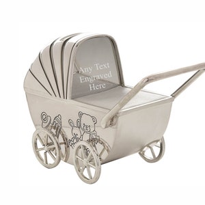 Personalised Engraved Silver-plated Pram Bank Money Box Christening / Birthday Gift