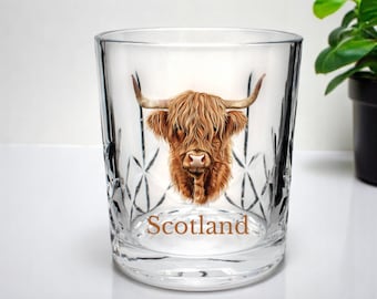 Full Colour Highland Cow & Scotland Text Whisky Glass Tumbler In Silk Lined Gift Box Whiskey Gin Mixer Glass (UV PRINTED)