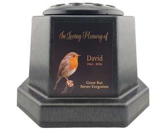 Personalised Printed Black Memorial Rose Bowl Grave Marker Flower Pot Vase Robin Design (UV PRINTED)