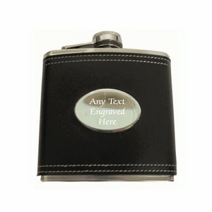Personalised Engraved 6oz Genuine Leather Hip Flask With Oval Available In Various Colours And  Gift Boxes