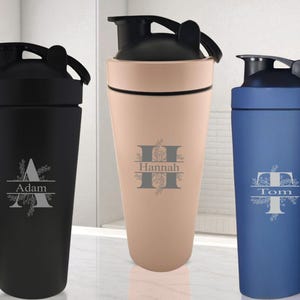 Personalised Engraved Initial Protein Shaker Bottle 739ml 25oz With Metal Shaker Ball For Mixing Available in 3 Colours Gym Work Out