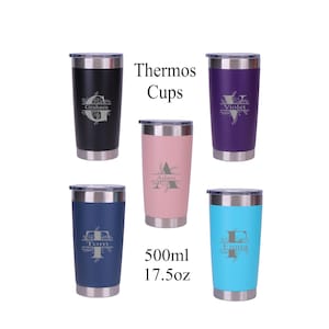 Personalised Engraved Any Initial Double Wall Insulated Thermos Cup 500ml 17.5oz Hot Cold Coffee Tea 6 Colours Available