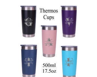 Personalised Engraved Any Initial Double Wall Insulated Thermos Cup 500ml 17.5oz Hot Cold Coffee Tea 6 Colours Available