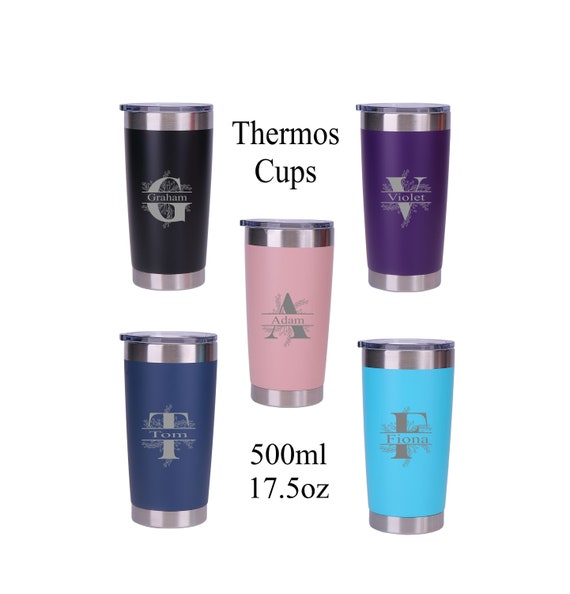 Personalised Engraved Any Initial Double Wall Insulated Thermos Cup 500ml  17.5oz Hot Cold Coffee Tea 6 Colours Available 