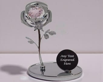 Personalised Engraved Crystocraft Rose Ornament With Pink Crystal With Circle Panel Ideal For Birthday Mothers Day Christmas Gift