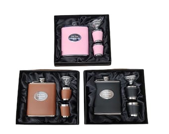 Personalised 7oz Hip Flask With Oval 2 Cups Gift Boxed