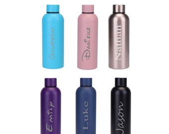 Personalised Engraved Any Name Double Wall Insulated Thermos Water Bottle 500ml 17.5oz Hot Cold 6 Colours Available