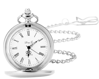 Personalised Silver Pocket Watch With Roman Numeral Dial & Chain any text engraved on front of watch