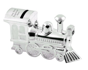 Personalised Engraved Silver-plated Train Bank Money Box Christening / Birthday Gift