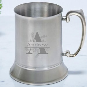 Personalised Engraved Any Initial Stainless Steel US 1 Pint Tankard (500ml) Silver or Black Matt