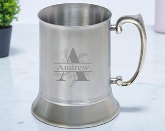 Personlig graverad valfri initial i rostfritt stål, 1 pint-sejdel (500 ml), silver eller svart matt