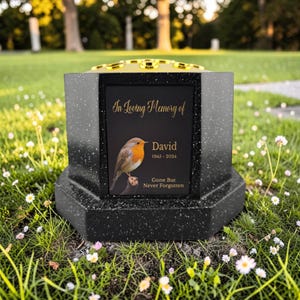 Puede incluir: Una urna conmemorativa negra con una parte superior dorada, colocada en un área cubierta de hierba. La urna presenta una placa negra con el texto "In Loving Memory of David 1945-2024" y una imagen de un petirrojo. También se muestran las palabras "Gone But Never Forgotten".