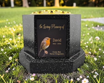 Personalised Printed Black or White Memorial Rose Bowl Grave Marker Flower Pot Vase Robin Design (UV PRINTED)