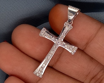 1.50 CT Cross Diamond Pendant, Solid 14K White Gold Pendant, Round Cut Sparkle Cross, Wedding Anniversary Gift Necklace, Handmade Jewelry