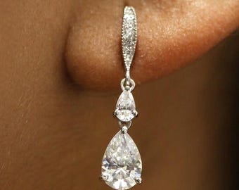 Pendientes colgantes en forma de pera, pendientes de moissanita, pendientes colgantes, pendientes de oro de 14 quilates, pendientes con forma de pera, pendientes de boda, pendientes de novia