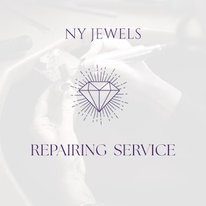 May include: A logo for NY Jewels Repairing Service. The logo features a diamond shape with radiating lines, in a dark purple colour. The text "NY JEWELS" and "REPAIRING SERVICE" are also in dark purple.