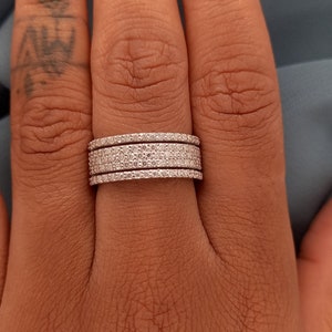 14k Solid Gold Diamond Ring | Thick Simulated Band | Micro Pave Eternity Band For Women | Wide Gold Sparkly Band | Simulated Cigar Band