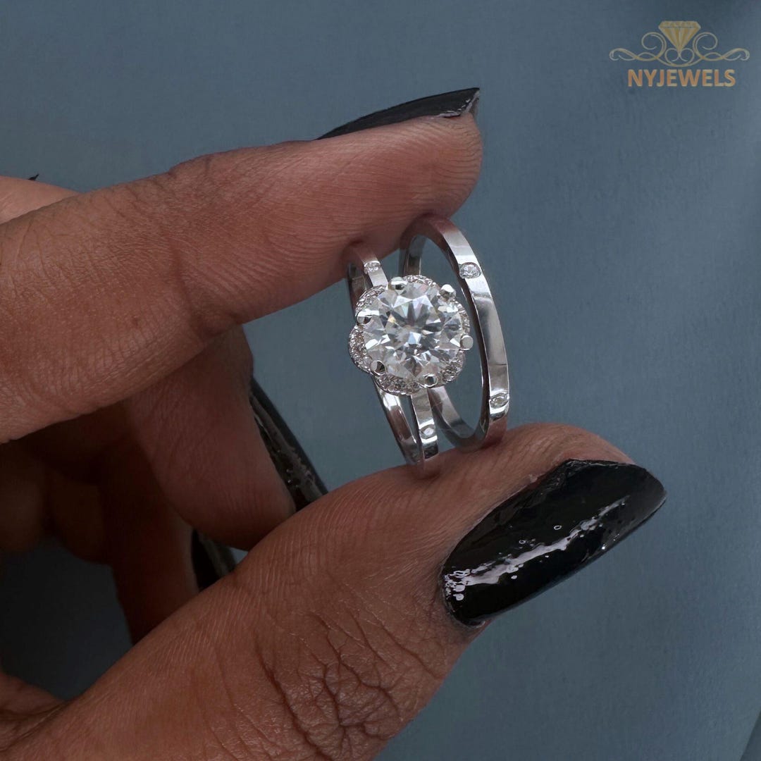 Moissanite Bridal Set Ring, 1.20 CT Round Cut Engagement & Wedding Ring ...