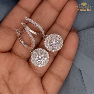 3.50 CT Moissanite Drop & Dangle Earrings, Round Cut Diamond Wedding Gift Earrings, Solid White Gold Earrings, Anniversary Gift Earrings.