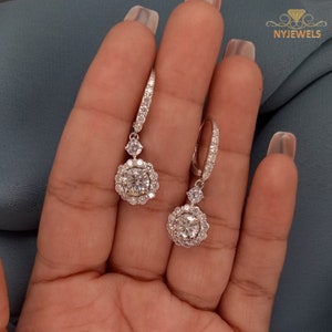 3 CT Moissanite Drop Dangle Earrings, Solid 14k White Gold Round Cut Wedding Earrings, Lever Back Diamond Earrings, Halo Moissanite Earrings
