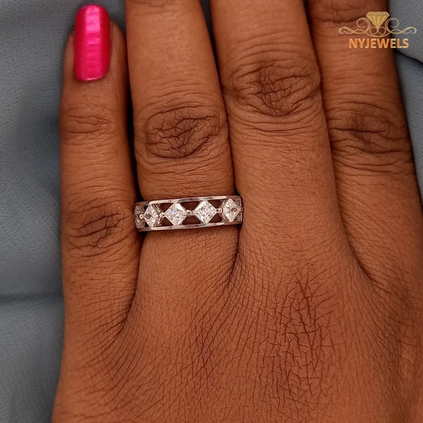 1.50 CT Princess Cut Simulated Diamond Wedding Band, 14K Solid White Gold Half Eternity Band, Proposal Ring For Her, Mother's Day Gift.