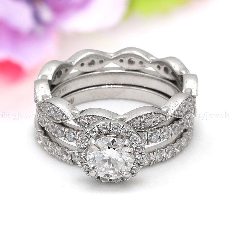 Certified 2.50 Ct Round Moissanite Trio Set Engagement Ring Solid 14K White Gold Certified 2.50 Ct Round Moissanite Trio Set Engagement Ring Solid 14K White Gold