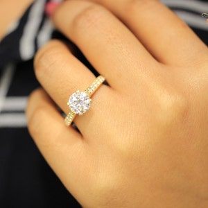 Moissanite 1.50 CT Solitaire Accent Engagement Ring, 14K Yellow Gold Wedding Ring, Round Cut Diamond Anniversary Gift Ring, Handmade Jewelry