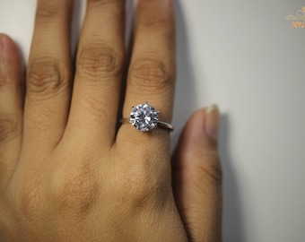 Anillo de compromiso de moissanita de corte redondo de 2,5 quilates, anillo solitario de oro blanco de 14 qt, anillo de boda, anillo de promesa de 6 puntas para ella, regalo de aniversario